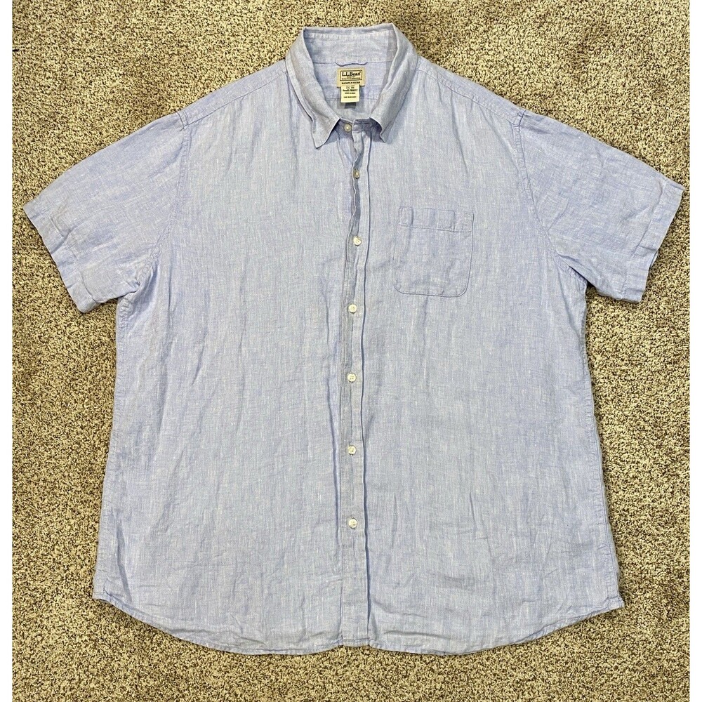LL Bean 100% Linen Shirt Men’s 2XL Short Sleeve Slightly Fitted Button Blue